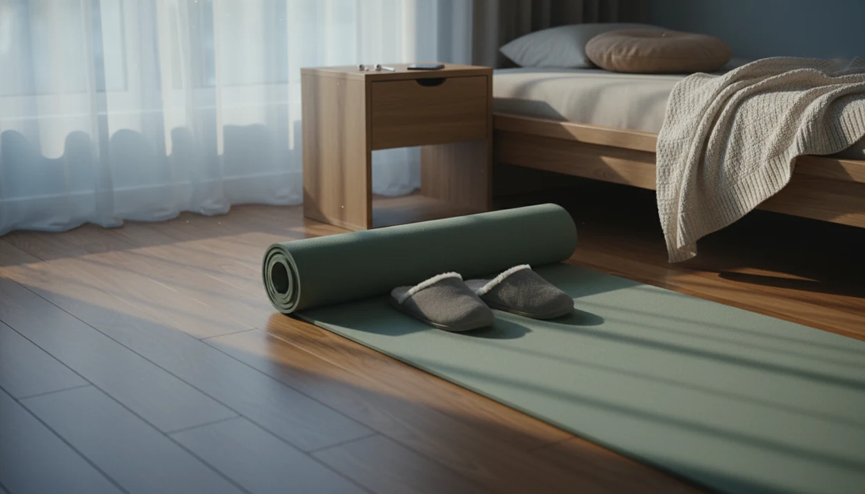 A quiet bedroom corner with a yoga mat, blanket, cushion, bedside phone with a downloaded calm track.