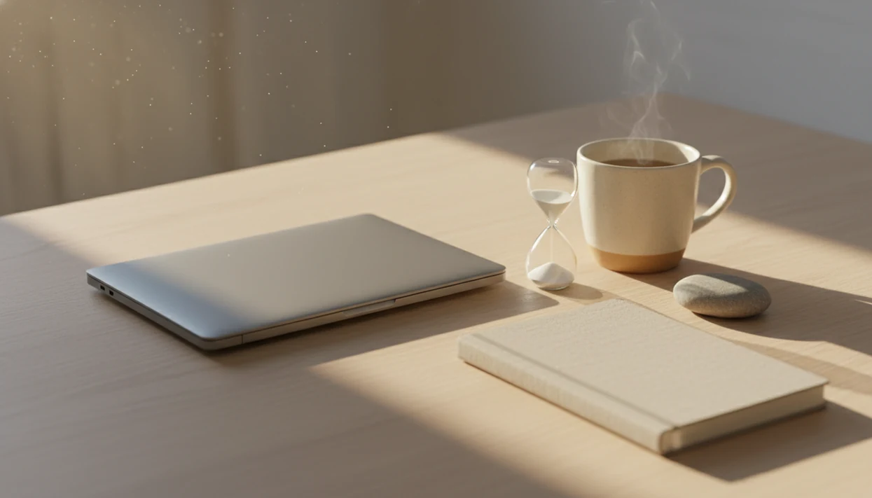 A quiet desk with a closed laptop, sand timer, mug, and stone in soft morning light.