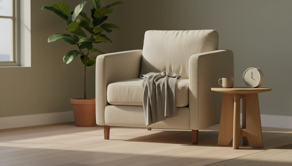A calm chair by a sunlit window is set up for a short breathing practice at home.