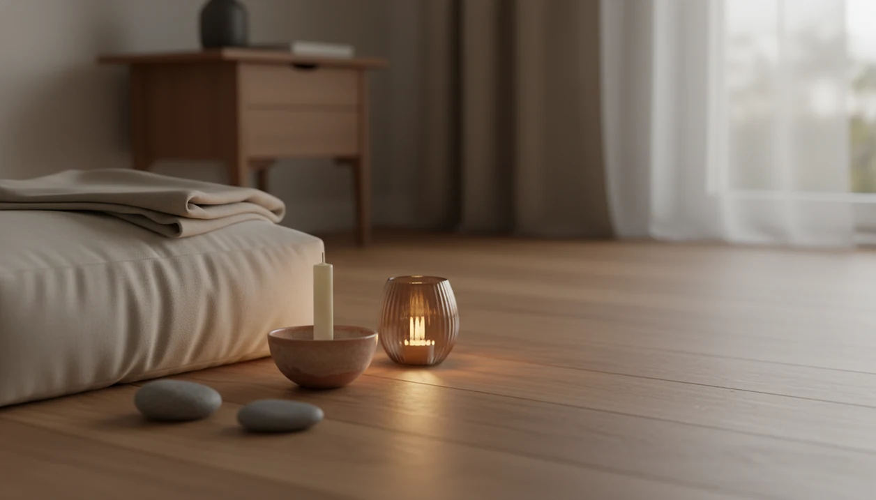A calm bedside meditation setup with a cushion, blanket, candle, bowl, and smooth stones in warm evening light.