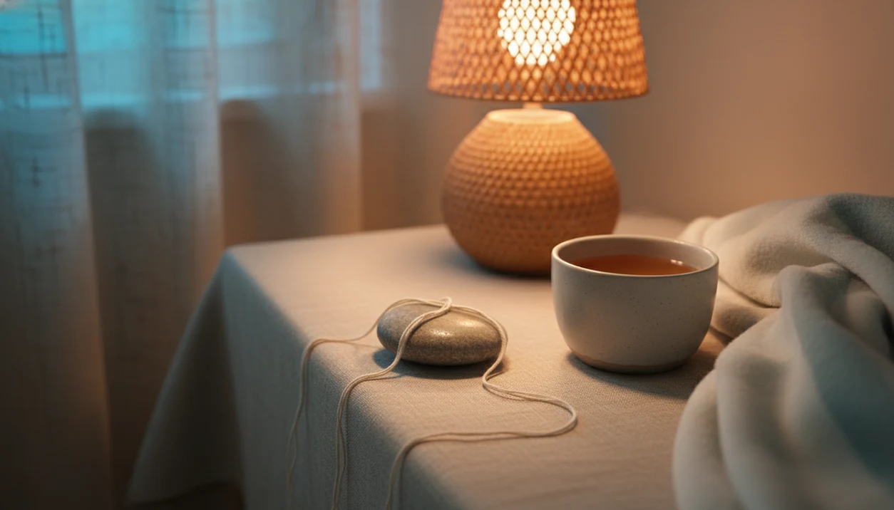 A loosened thread around a smooth stone rests on a calm bedside table at dawn.