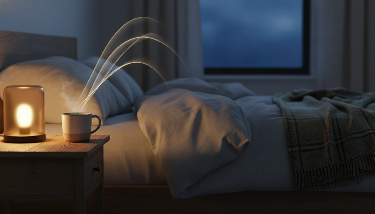 A calm bedside scene with tea, soft lamplight, and gentle wave-like mist suggesting slow breathing.