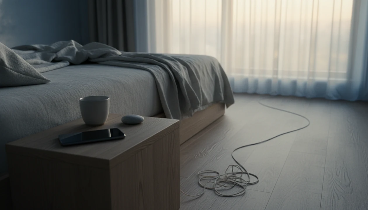 A calm dawn bedroom scene shows a tangled thread loosening beside a face-down phone and soft light.