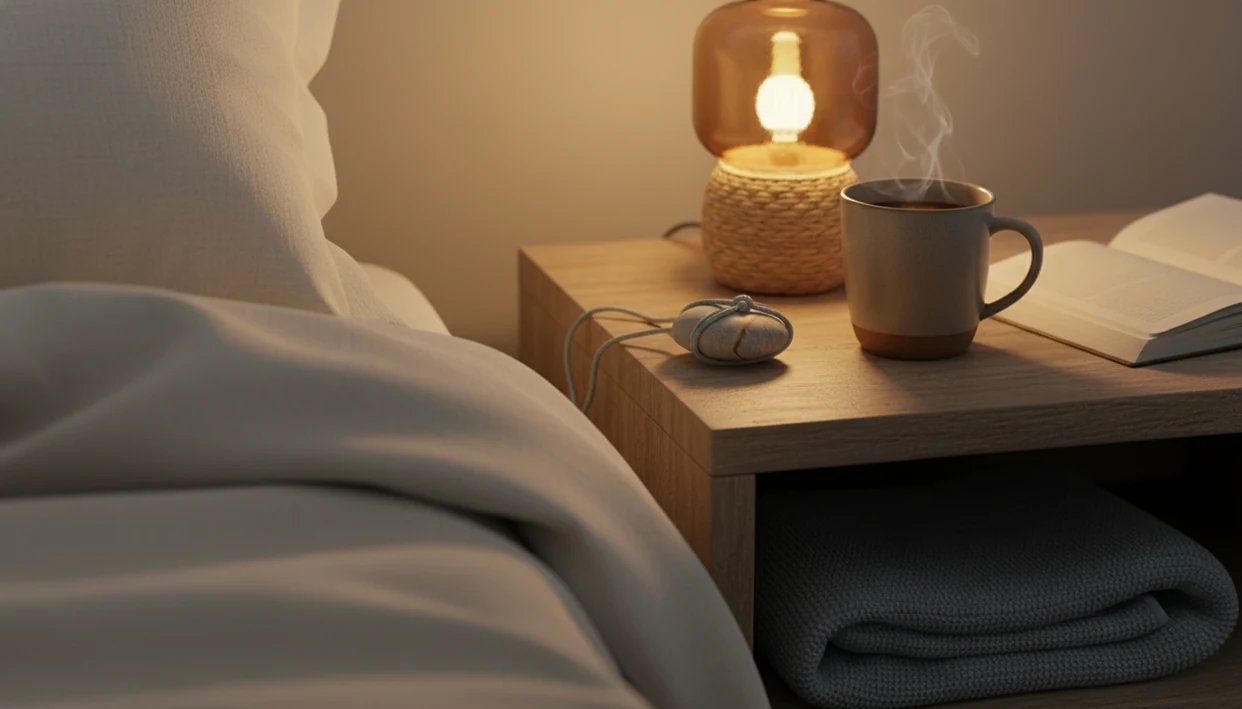 A calm bedside still life with a mug, stone, blank notebook, and warm lamp light for self-kindness meditation.