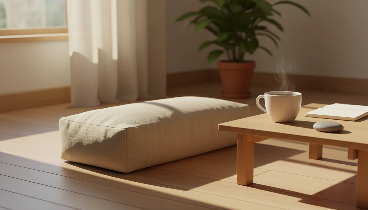 A calm meditation corner with a cushion, tea, notebook, stone, plant, and warm morning light.