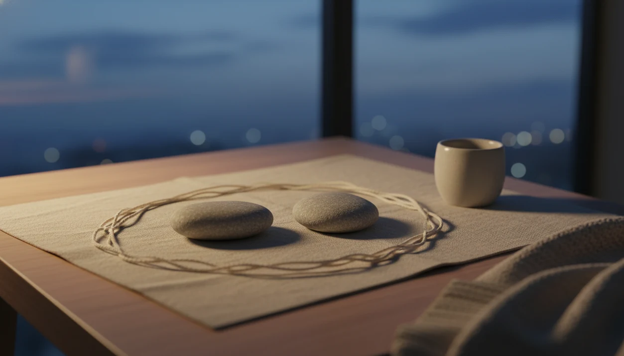 Two river stones on a calm bedside table suggest making peace without forcing contact.