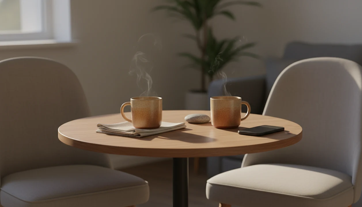 Two empty chairs face a quiet table with mugs and a phone set aside for attentive conversation.