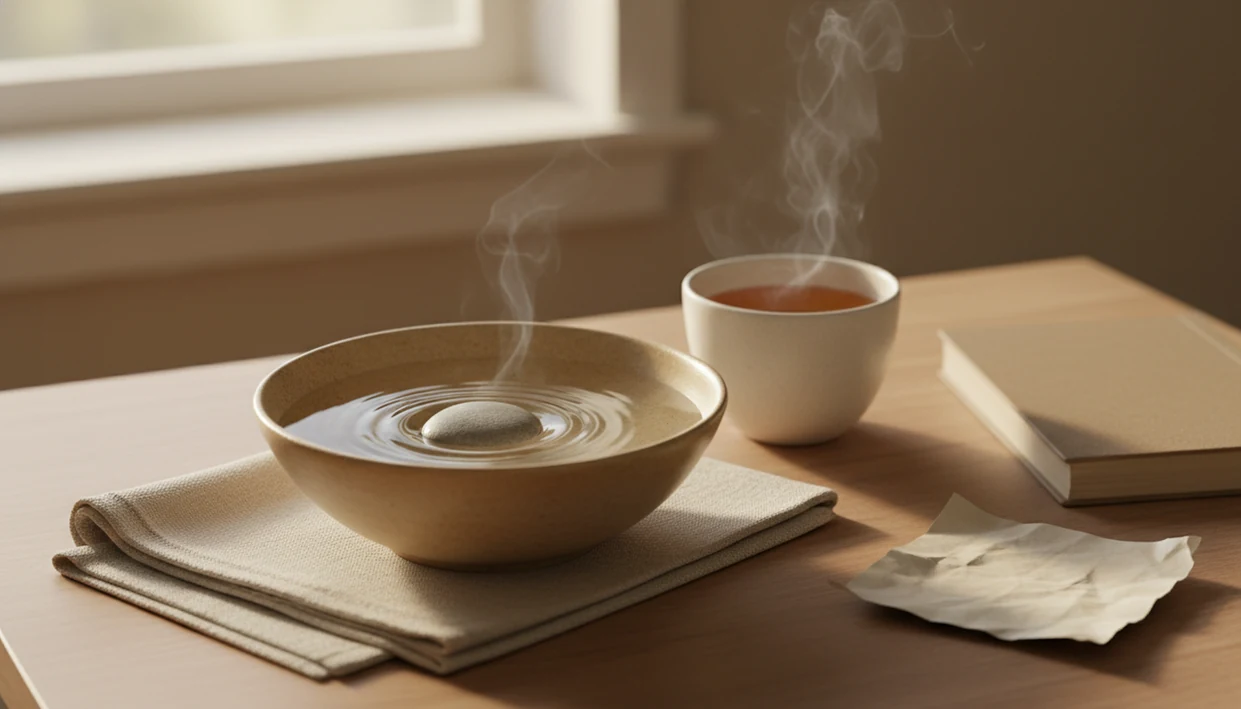 A calm still life with tea, linen, rippled water, and a blank crumpled paper in soft morning light.