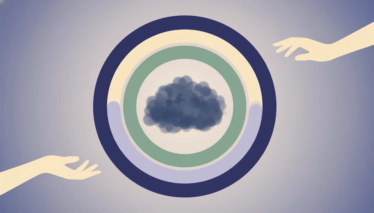 A calm symbolic illustration shows open hands gently approaching a dark emotion-like cloud.