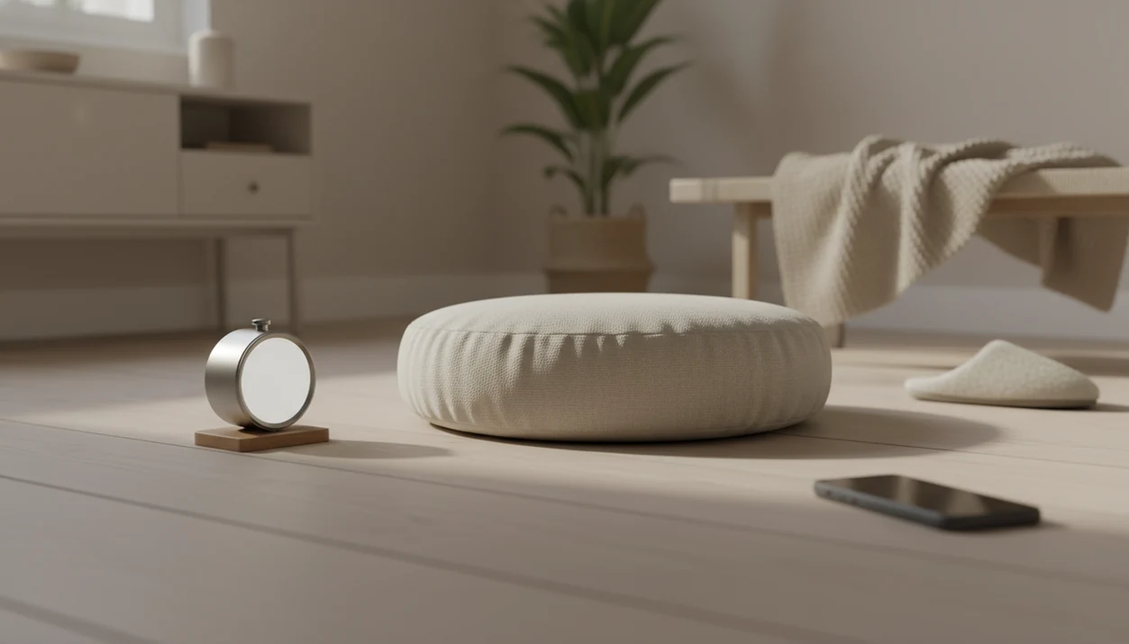 A meditation cushion sits in a quiet bedroom with a face-down phone nearby, suggesting boredom becoming practice.