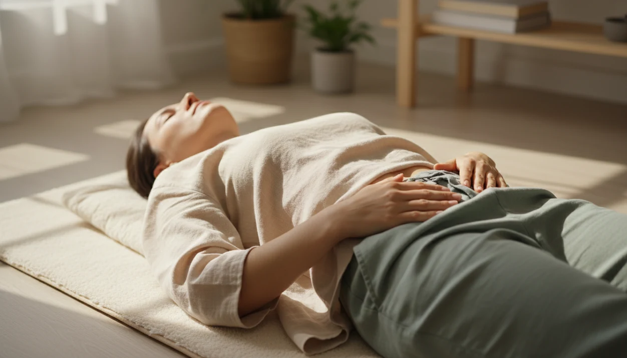 An anonymous person lies down with one hand on the chest and one on the belly for breathing practice.