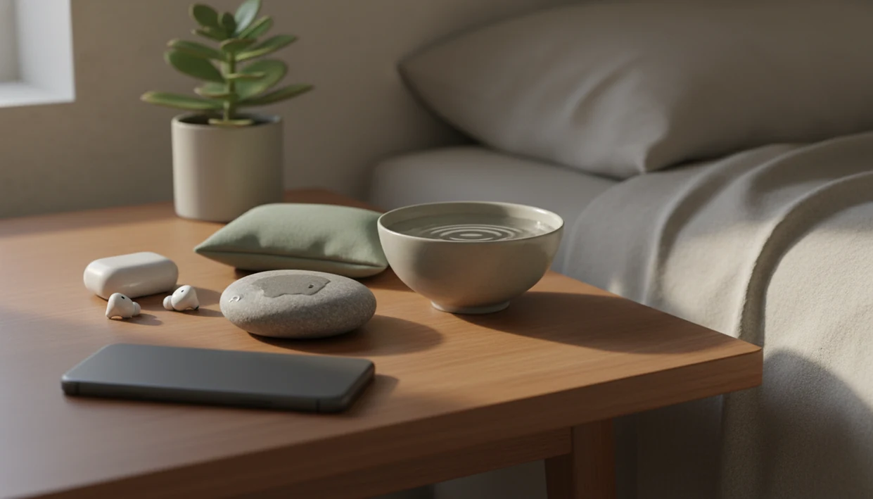 A calm bedside mindfulness setup with stones, soft lamp and phone beside the bed.