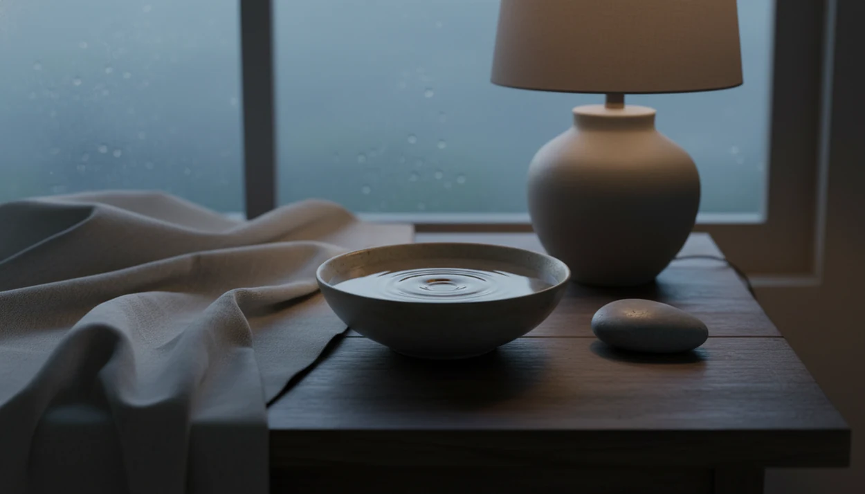 A calm bedside still life with rippling water, a stone, and soft night lighting suggests training attention.