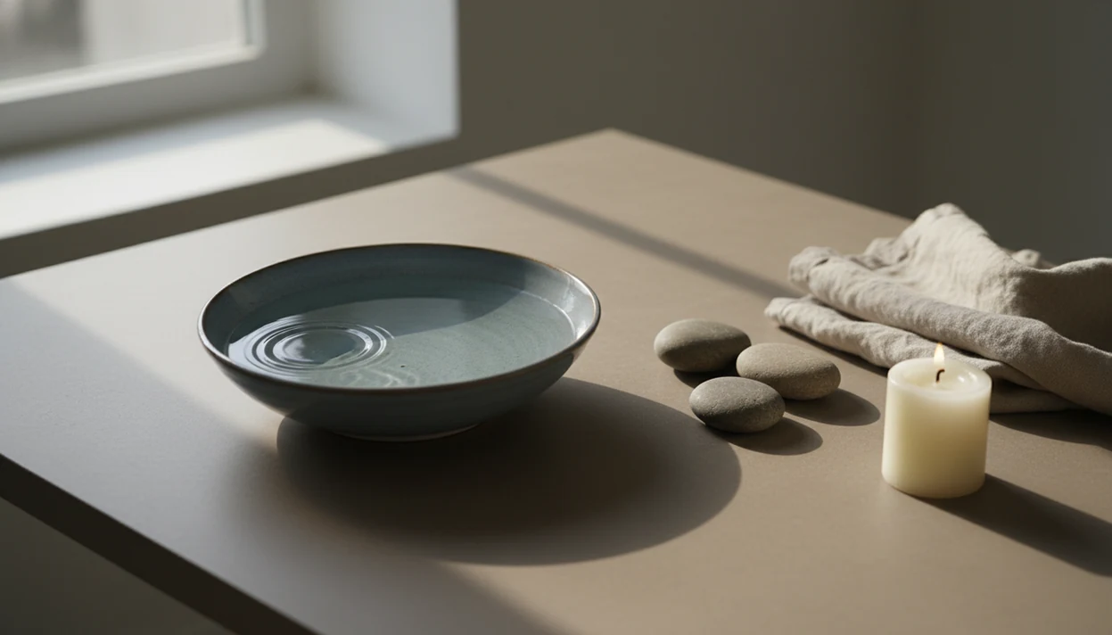 A quiet bowl of rippling water, smooth stones, linen, and candle suggests calming turbulent emotions.