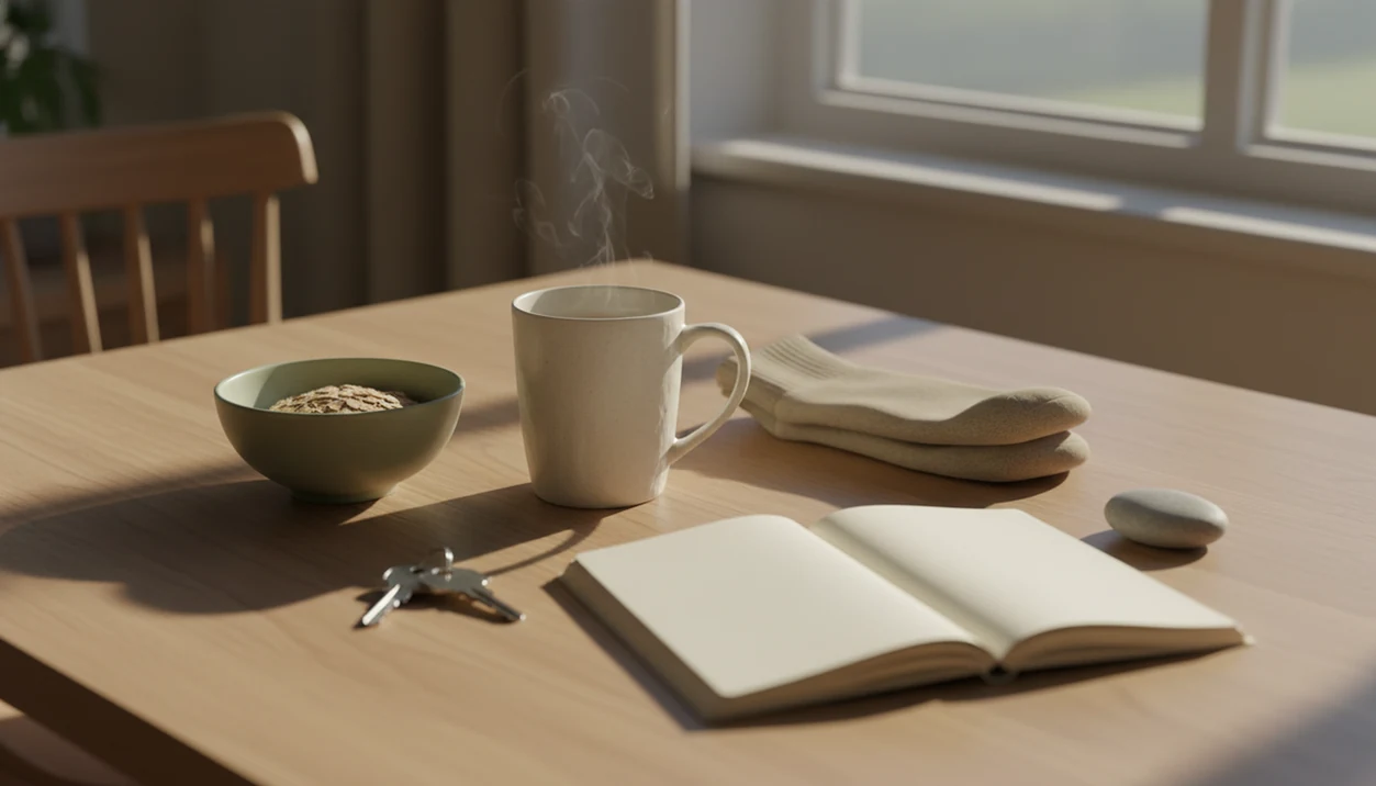 A calm morning table with everyday objects suggesting mindfulness during ordinary routines.