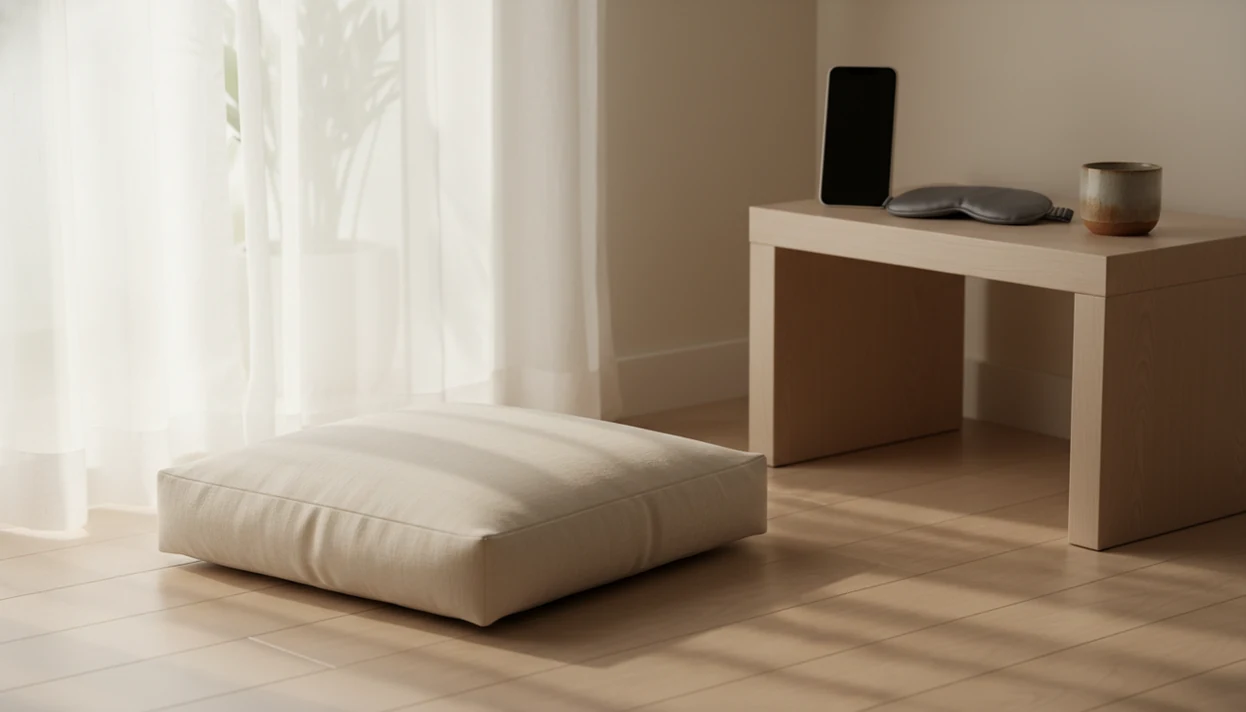 A meditation cushion, eye mask, and blank phone sit in soft light beside half-open curtains.
