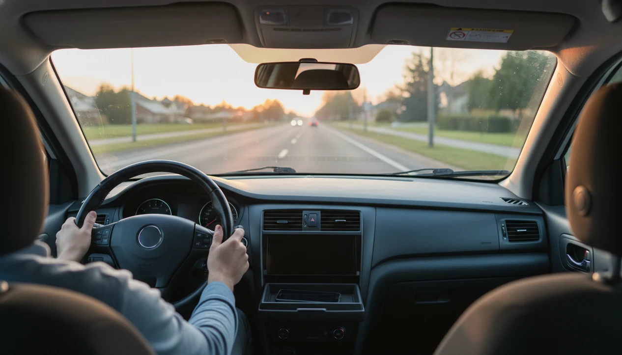 A calm driver keeps both hands on the wheel while a phone rests out of reach and the road stays in focus.