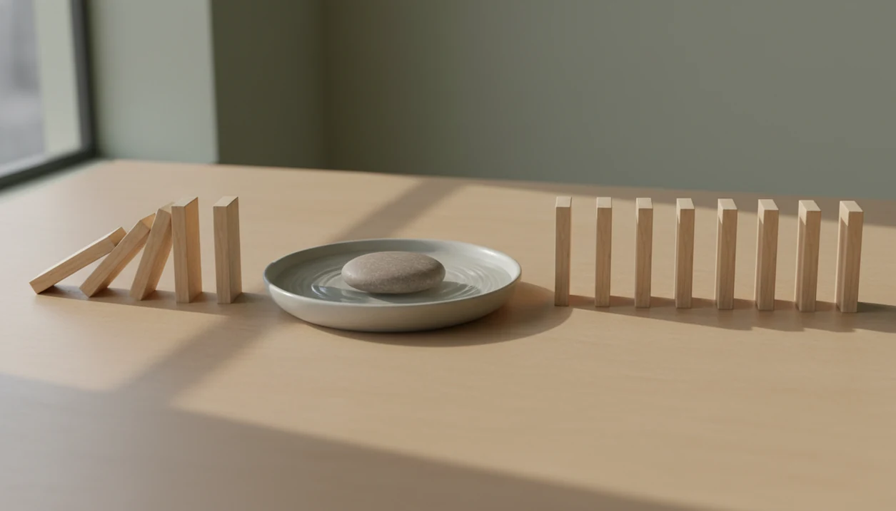 A calm still life shows a domino chain paused by a stone and water dish, symbolizing mindful response.