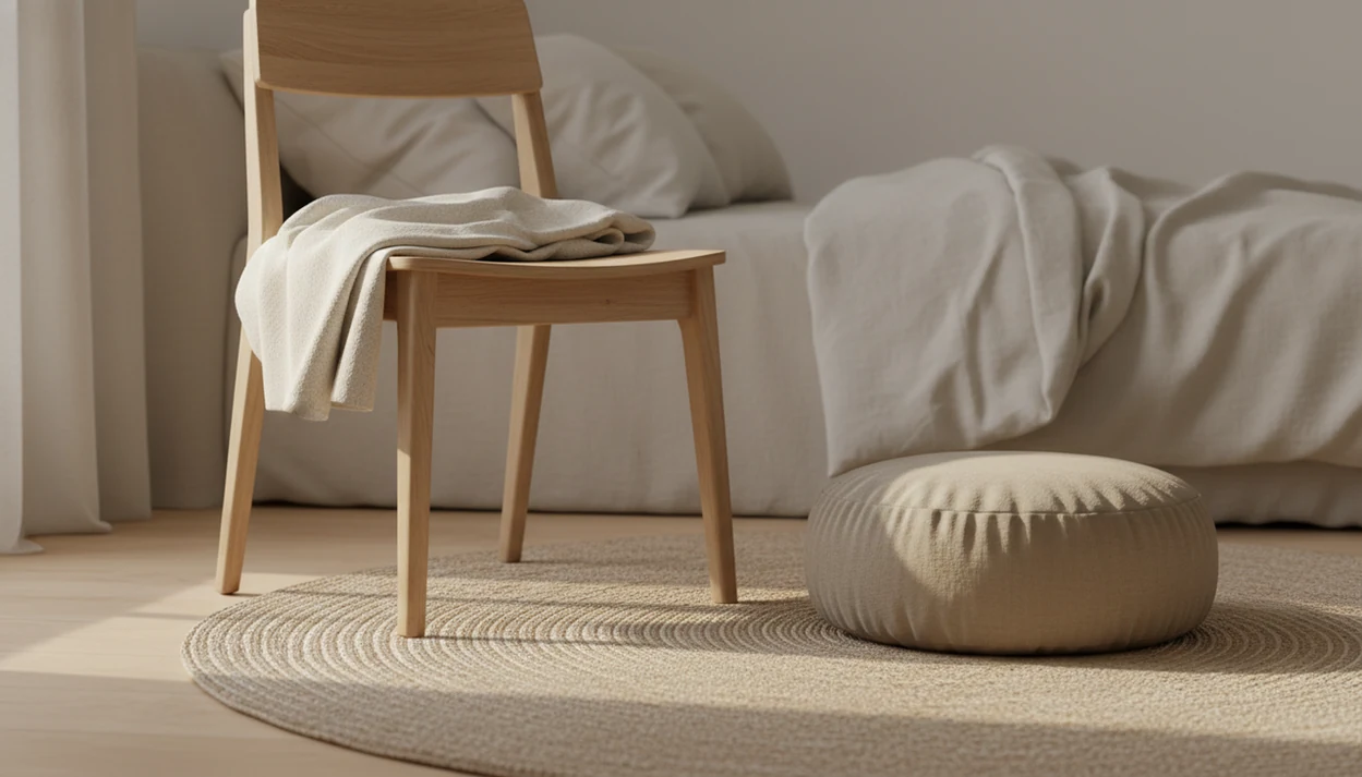 A quiet room shows a chair, meditation cushion, and bed arranged for comfortable meditation posture.