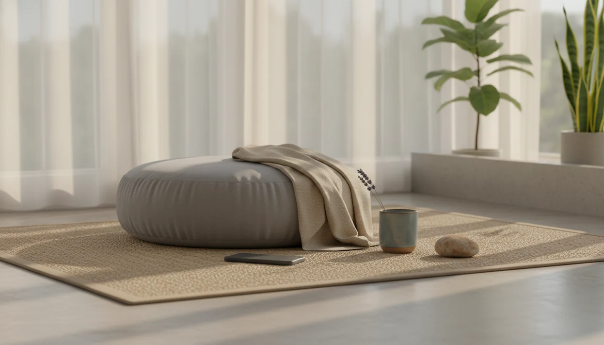 A calm meditation corner with a cushion, folded blanket, stone, cup, and soft morning light.