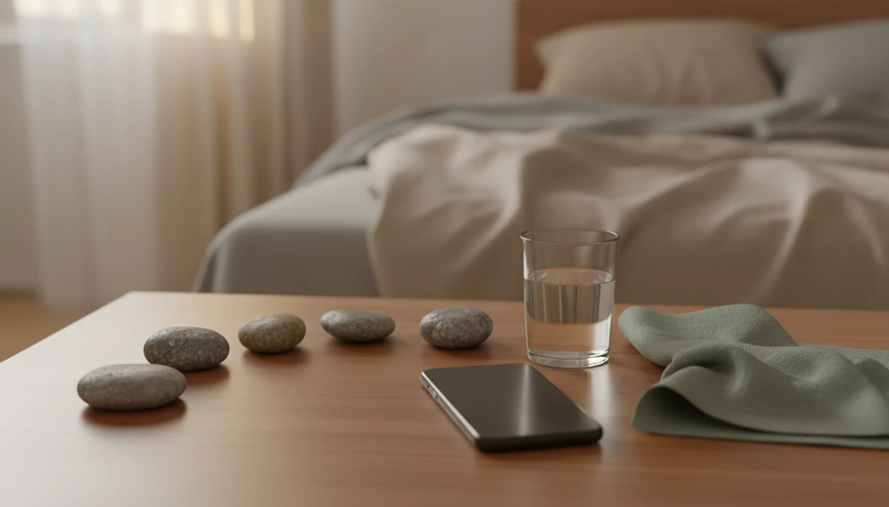 Five smooth stones on a bedside table suggest a simple mindfulness routine for everyday calm.