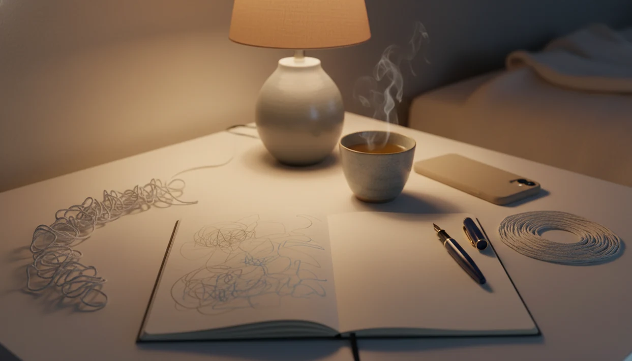 A calm night desk with a notebook, tea, face-down phone, and tangled thread becoming neatly coiled.