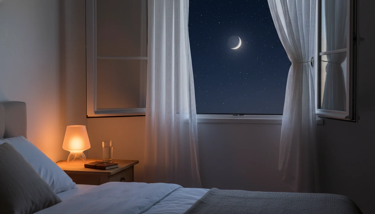 A calm bedroom at night opens to a starry sky, suggesting awe meditation before sleep.
