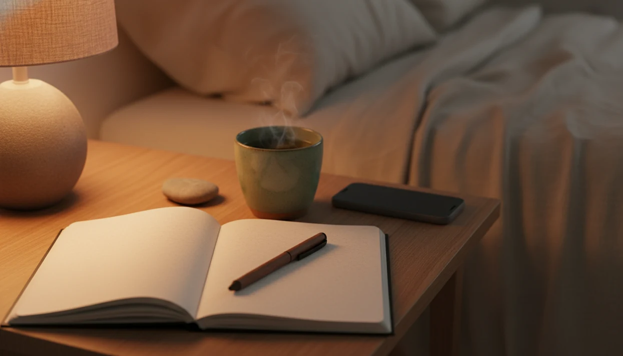 A calm bedside writing setup with a blank journal, pen, tea, lamp, and phone turned face down.