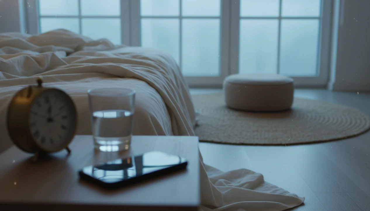 A quiet bedroom at dawn with a meditation cushion, blurred phone, clock, and soft morning light.
