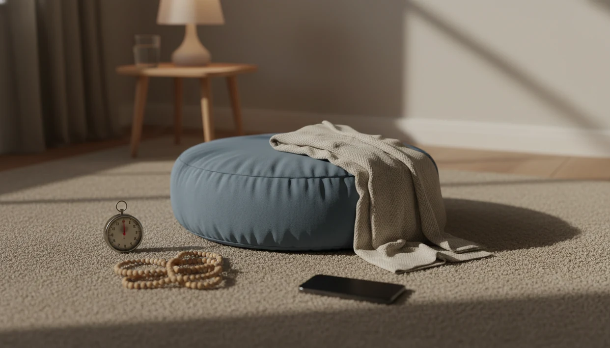 A quiet meditation setup with tangled beads, a timer, and a cushion suggesting a stalled practice.