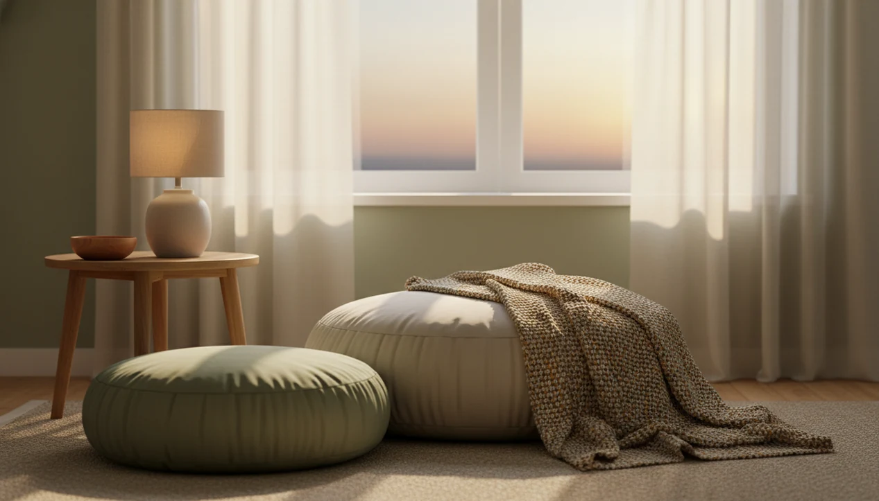 A peaceful meditation corner with adult and child cushions beside a warm window at dusk.