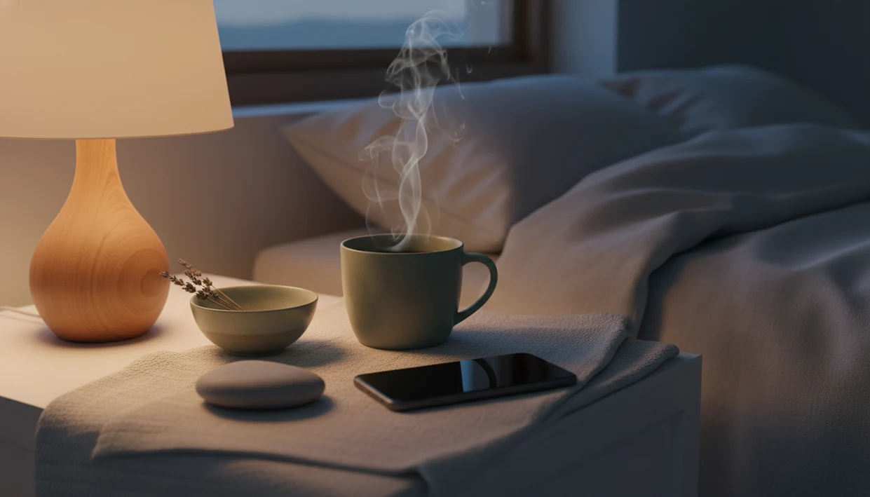 A calm bedside still life with tea, soft lamplight, a face-down phone, and a smooth stone on a blanket.