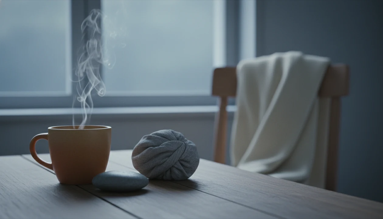 A calm tabletop with a steaming mug, smooth stone, and stress ball in soft morning light.