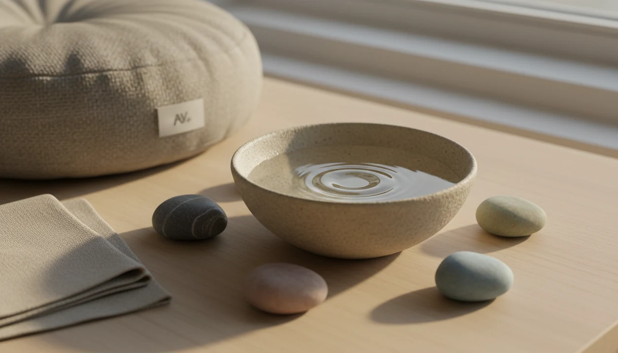 A calm still life with rippled water, smooth stones, linen, and a meditation cushion in soft morning light.