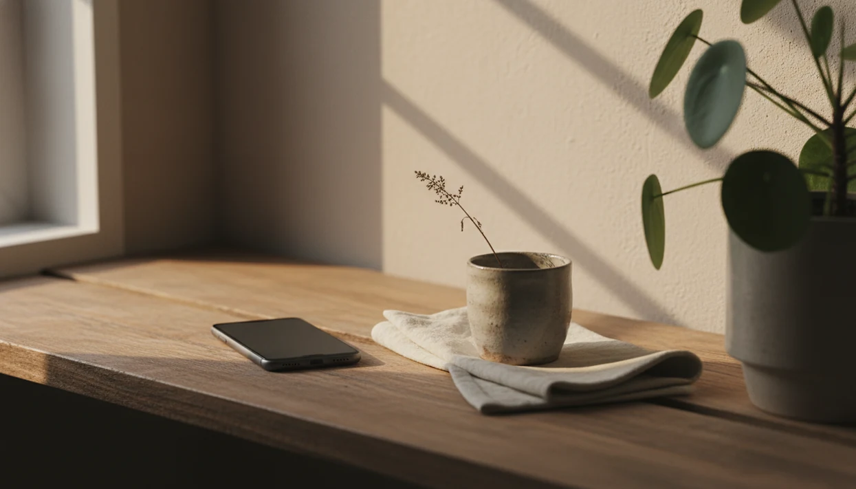 A phone rests on a quiet windowsill with soft plant shadows, suggesting slow mindful photography.
