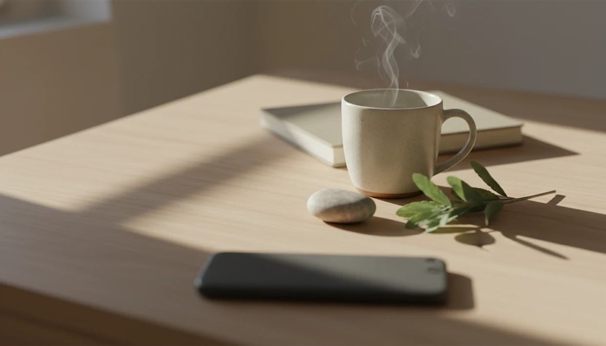 A calm still life with a mug, stone, plant, notebook, and face-down phone in soft morning light.
