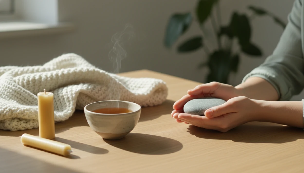 Hands gently cup a smooth stone beside tea, a candle, and a blanket in soft morning light.