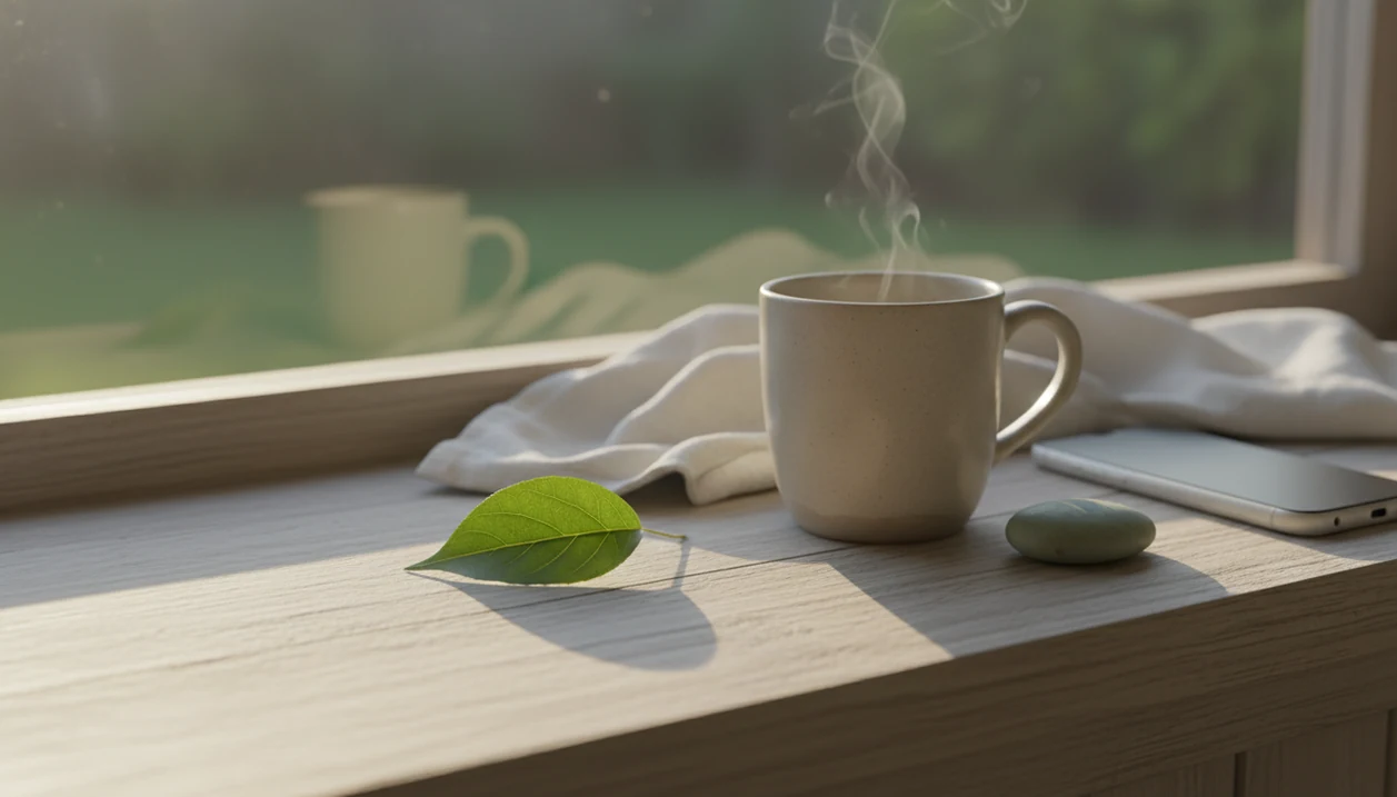 A calm windowsill still life with a mug, stone, linen cloth, and a face-down phone in soft morning light.