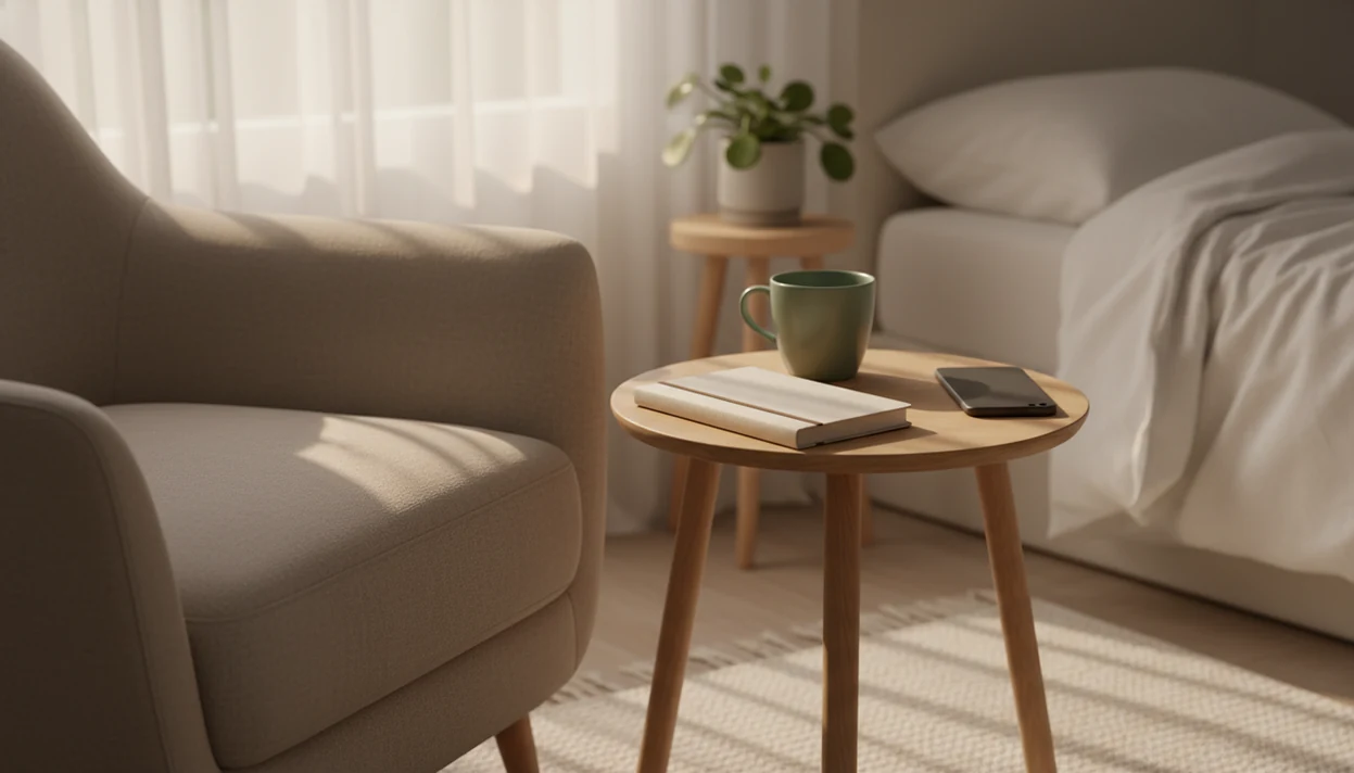 A quiet bedroom corner with an armchair, tea, notebook, and face-down phone in soft morning light.