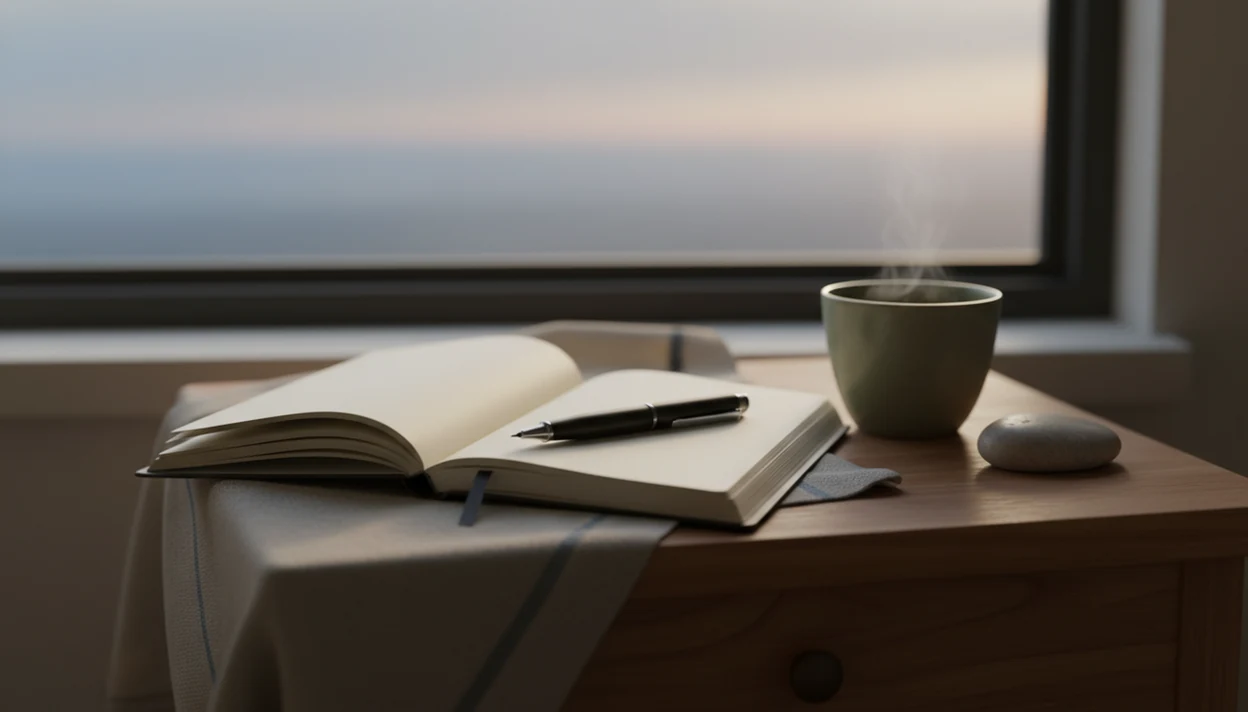 An open blank journal, pen, tea, and soft dawn light create a calm setting for future-self reflection.