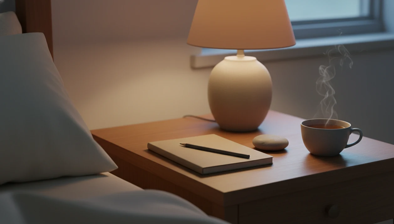A quiet bedside still life with a blank notebook, pencil, tea, and stone for gentle reflection.