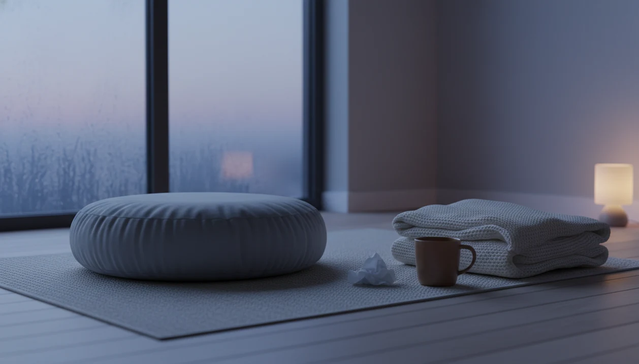 A quiet meditation cushion by a rainy window with a blanket, mug, and tissue nearby.