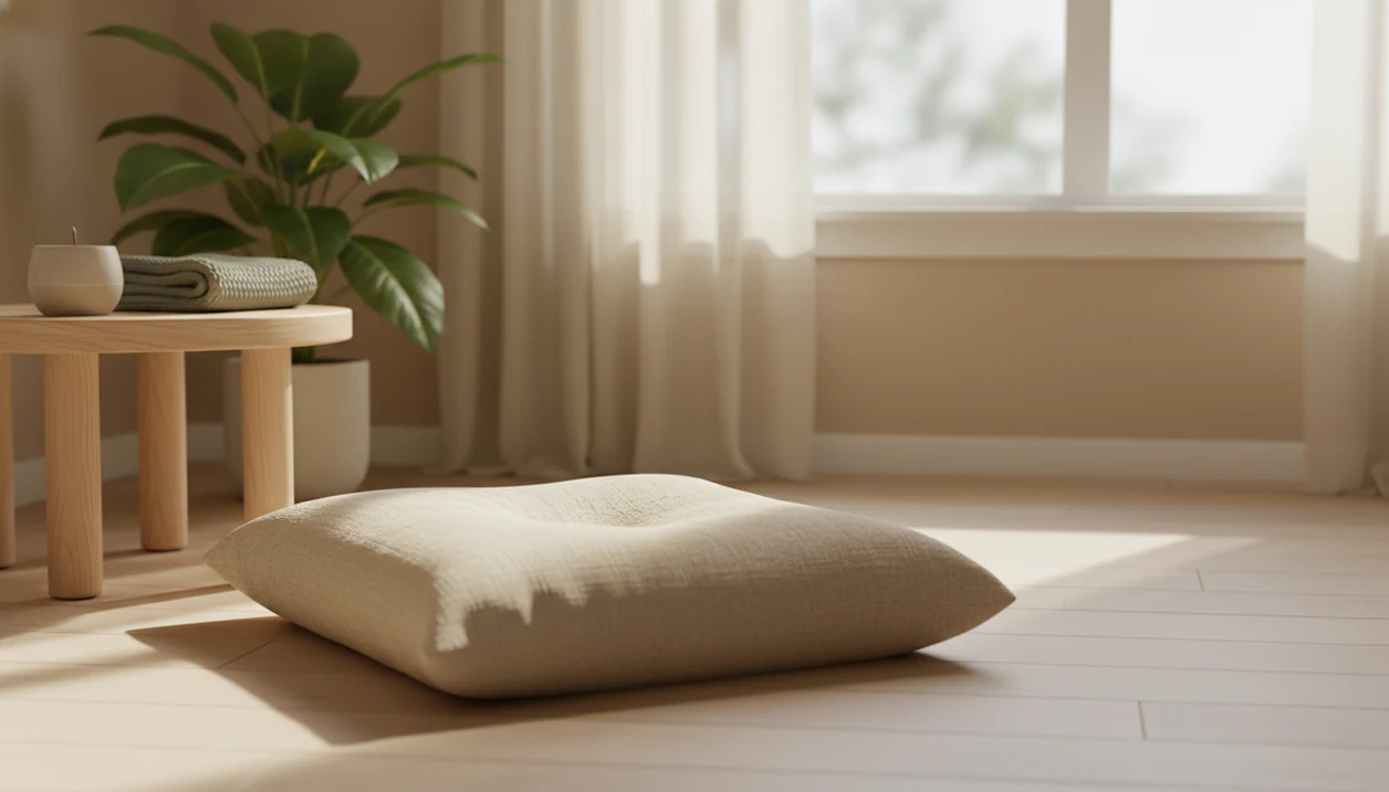 A quiet bedroom corner with a cushion, blanket, plant, and soft morning light for mindful breathing.