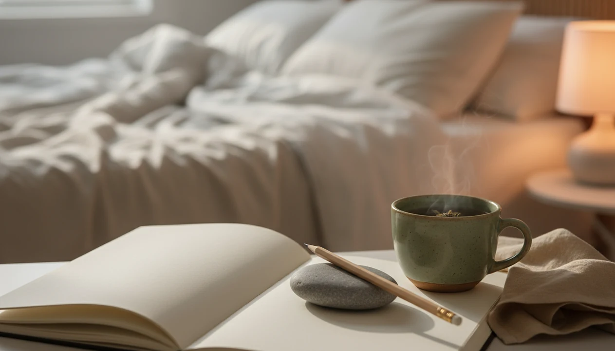 A blank journal, pencil, tea, and soft bedside light create a calm space for setting an intention.
