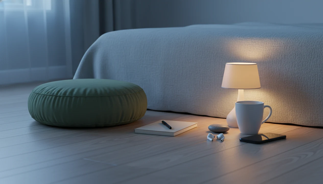 A calm bedroom corner with a cushion, lamp, mug, sleep mask and phone on the nightstand.