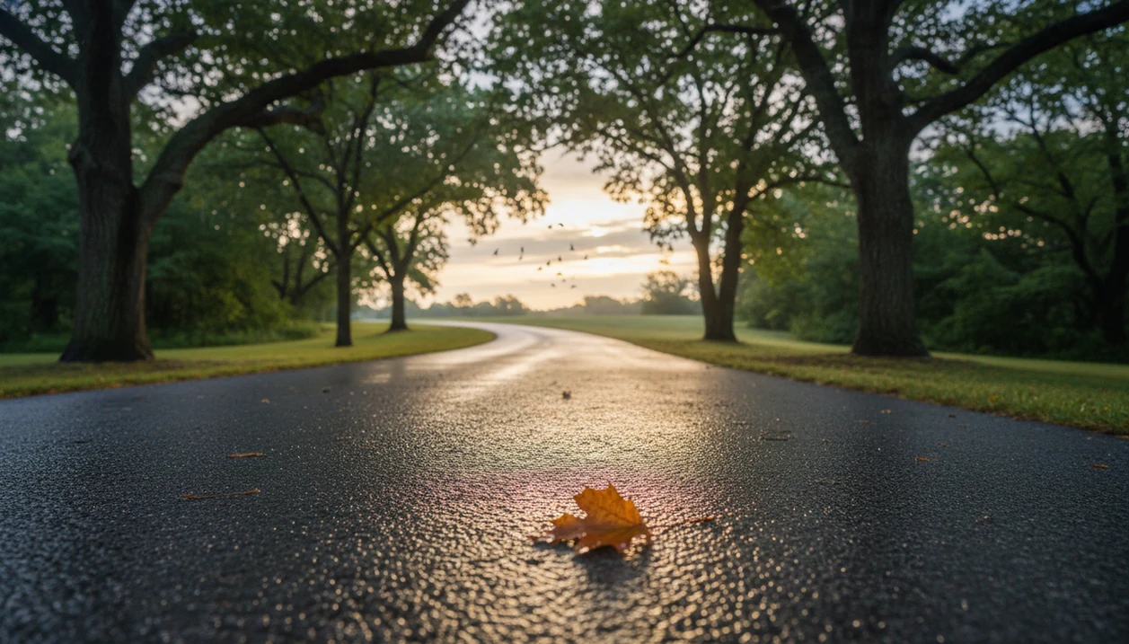 A quiet park path after rain opens toward sunrise, inviting a mindful awe walk through trees and sky.