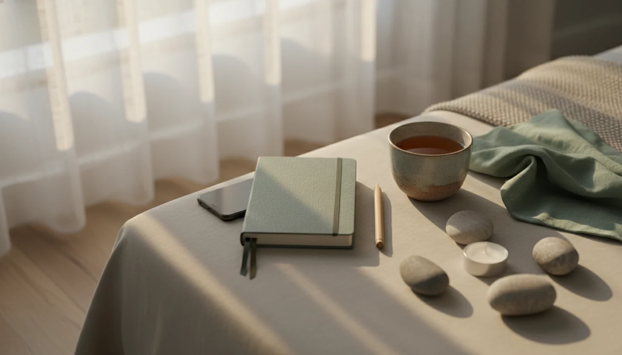 A quiet bedside still life with a journal, tea, stones, candle, and face-down phone for compassion practice.