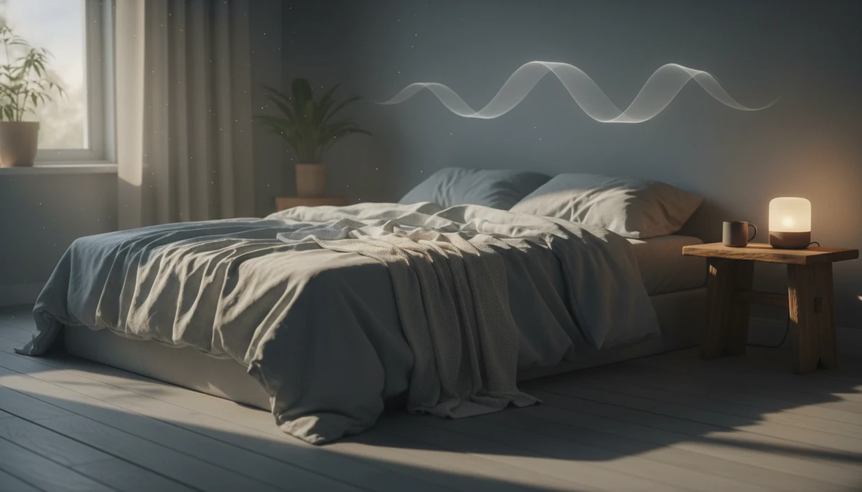 A calm bedroom at dawn with a soft mist-like wave above the pillow suggesting steady breathing.
