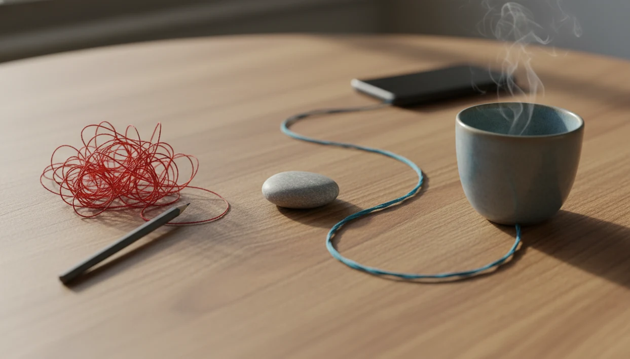 A calm still life shows tangled red thread on one side and smooth blue thread on the other.