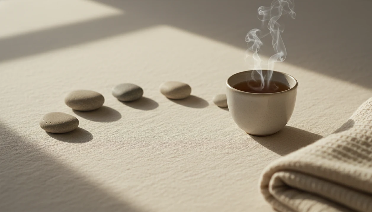 Five smooth stones and a steaming cup on linen suggest a simple mindful breathing reset.